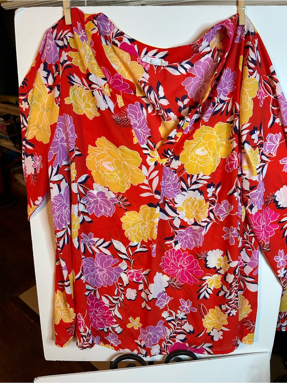 Bright Red Floral V-Neck Blouse
